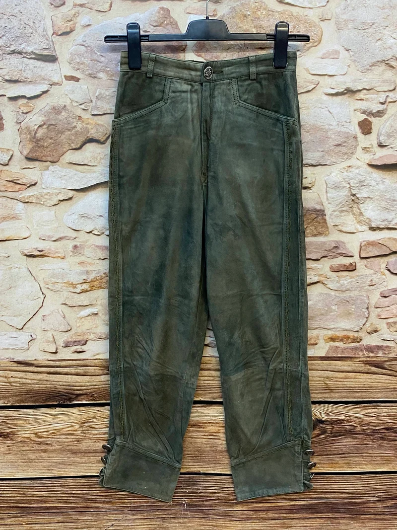 Meindl Damen Lederhose Gr. 36 – lange Trachtenlederhose in Olivgrün aus Leder