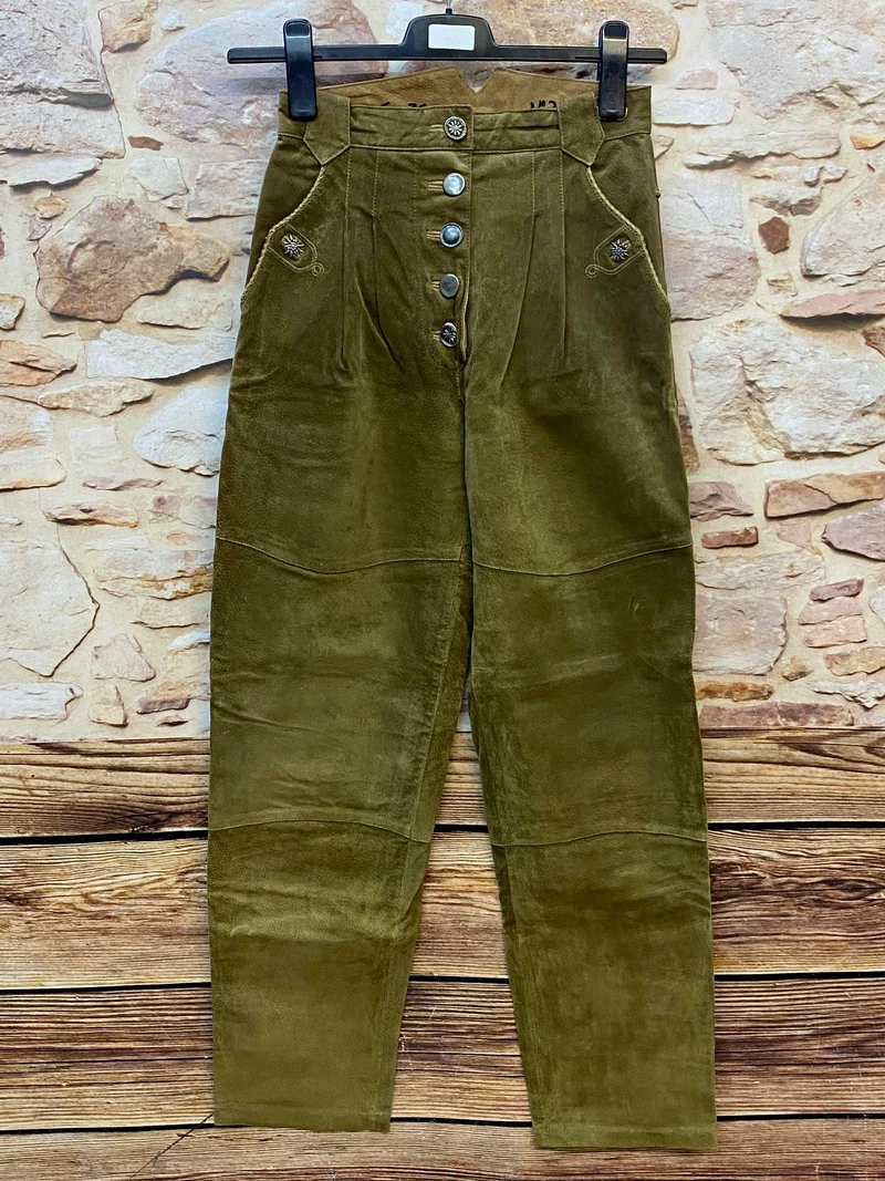 Lange Lederhose Damen Gr. 36 – olivgrüne Trachtenlederhose aus Echtleder