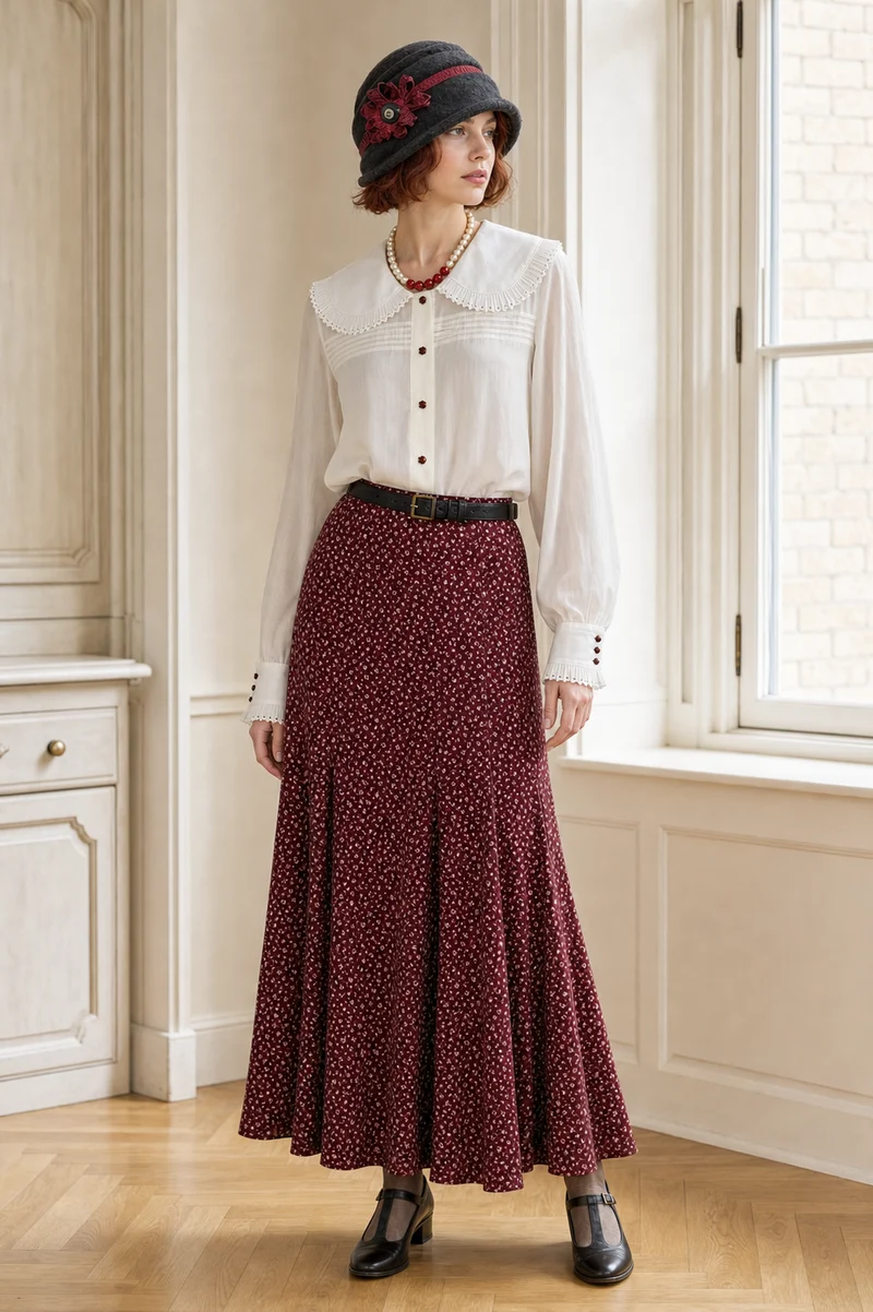 Oldtimer Damen Outfit Gr. 40 mit weißer Bluse, rotem Rock, Hut und Perlenkette