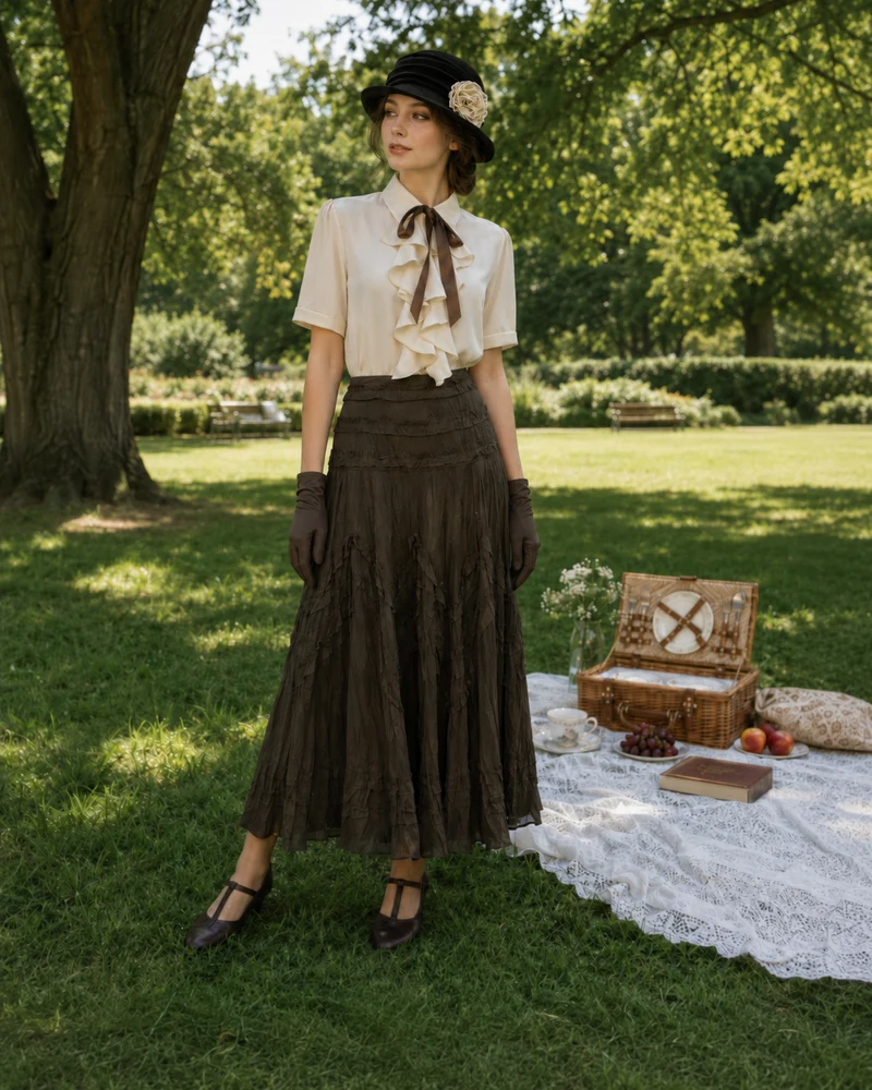 Damen Vintage Outfit Gr. 44 mit Rüschenbluse, langem Rock, Hut und Handschuhen