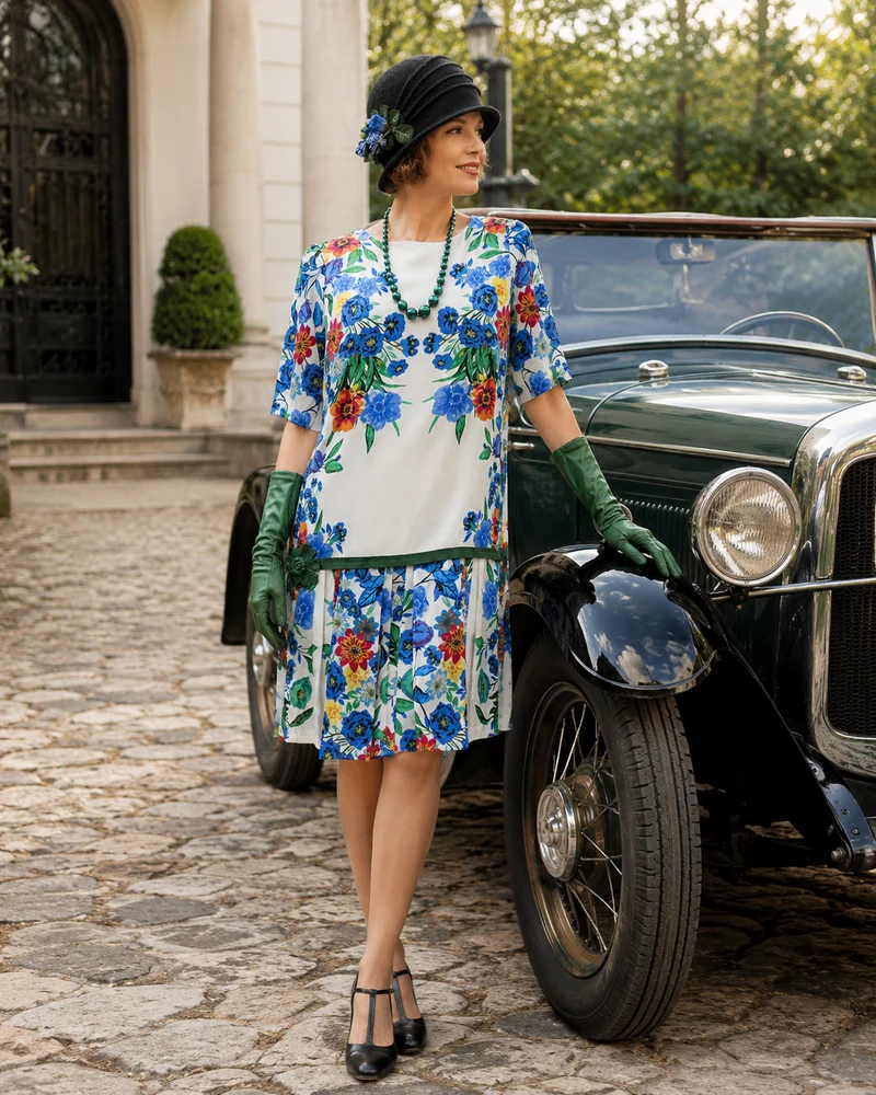 20er Jahre Tageskleid Gr. 40 mit Blumenmuster, Cloche-Hut, Handschuhen und Perlenkette
