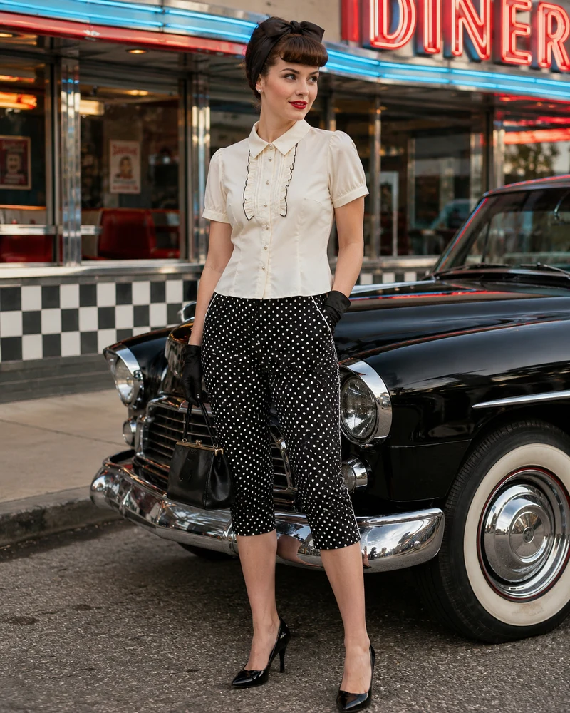 50er Jahre Damen Outfit Gr. 40 mit Caprihose, Bluse, Haarband und Handschuhen