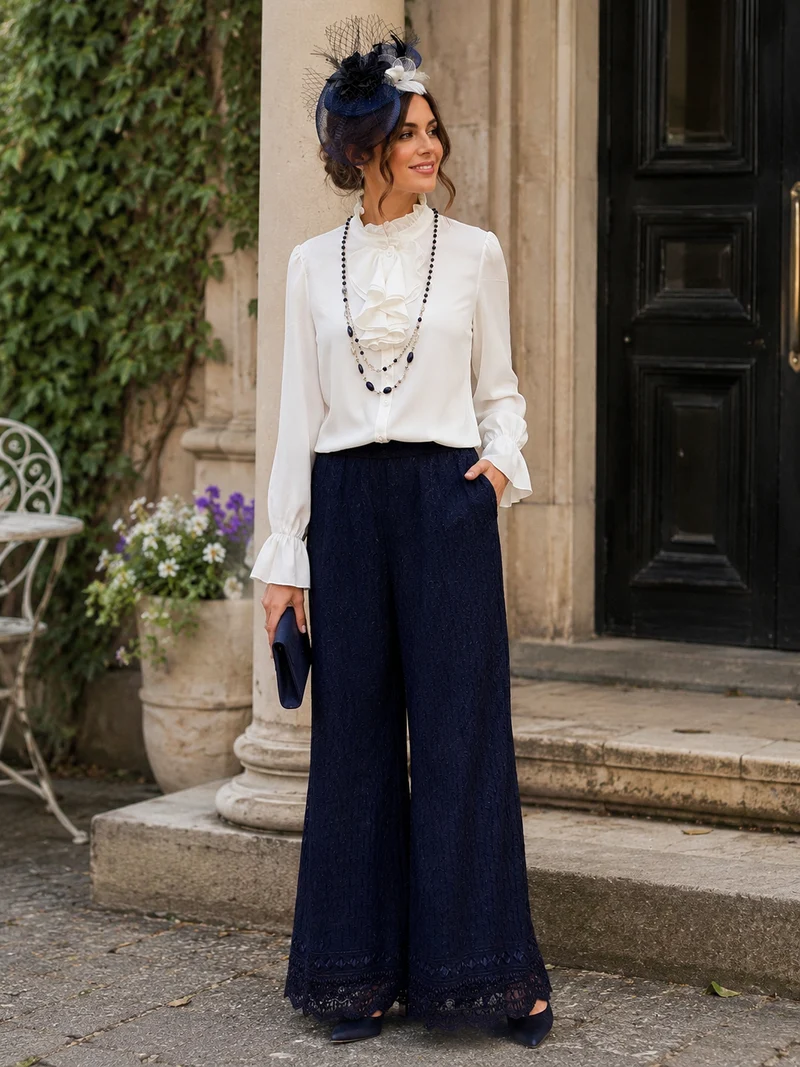 20er Jahre Damen Outfit Gr. 42 mit Marlenehose, Rüschenbluse und Fascinator