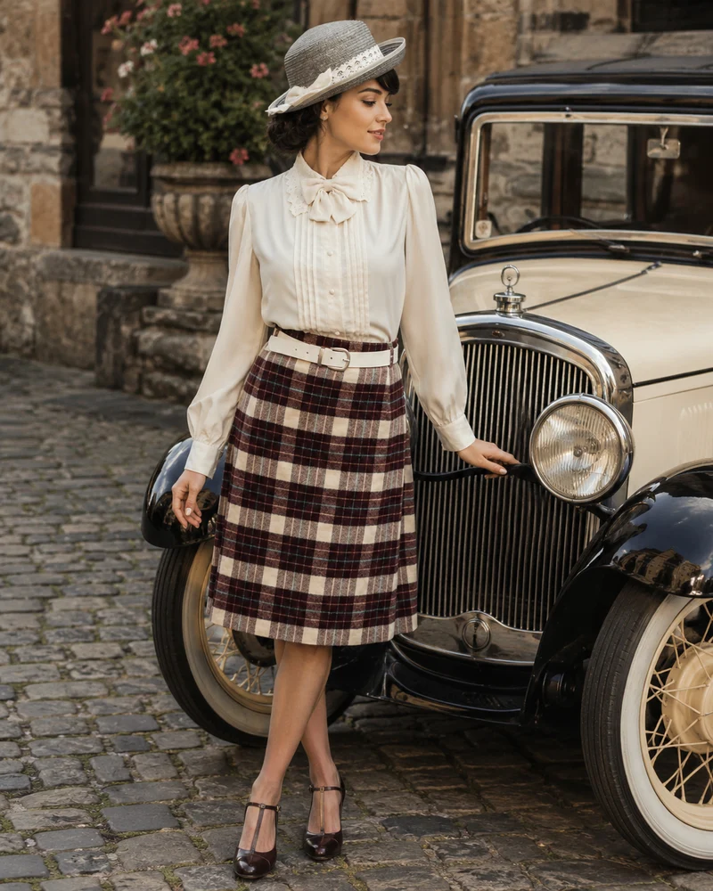 Damen Vintage Kostüm Gr. 46 im Edwardian-/Oldtimer-Stil mit Karorock, Bluse und Strohhut