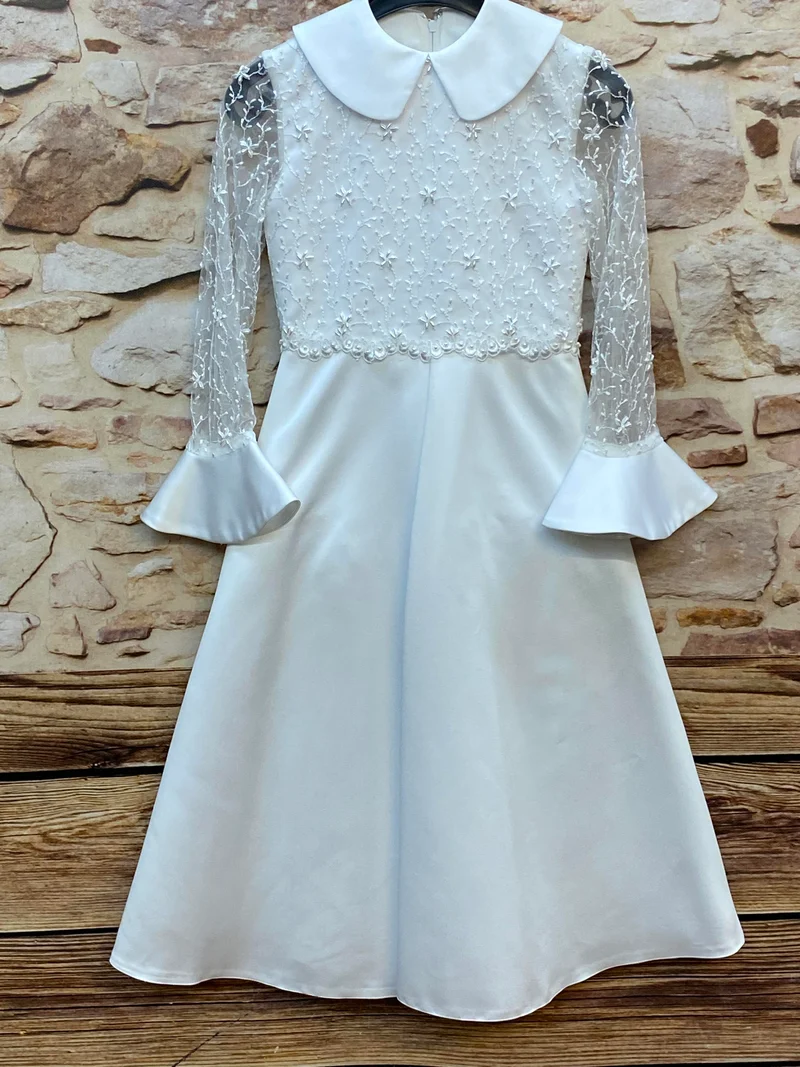 Kommunionkleid Mädchen Gr. 128 – weißes Spitzenkleid zur Erstkommunion mit Kragen