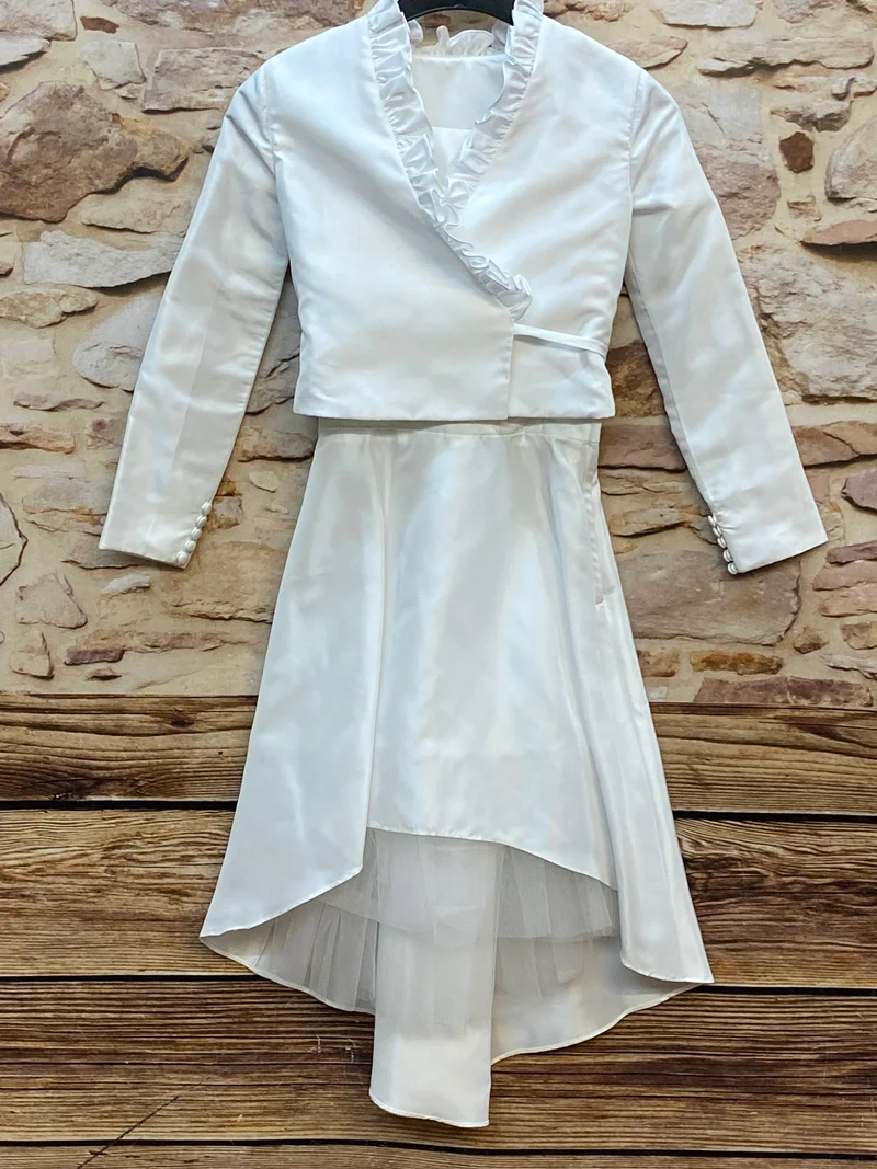 Kommunionkleid Mädchen Gr. 128 Weiß – Vokuhila mit Bolero & Tüll