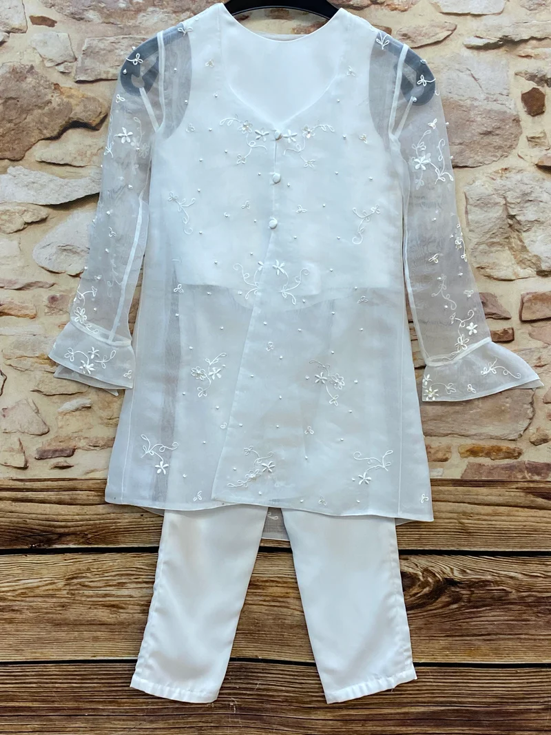 Kommunion-Set Mädchen 3-teilig Weiß Gr. 128 – Hose, Top & bestickte Tülljacke