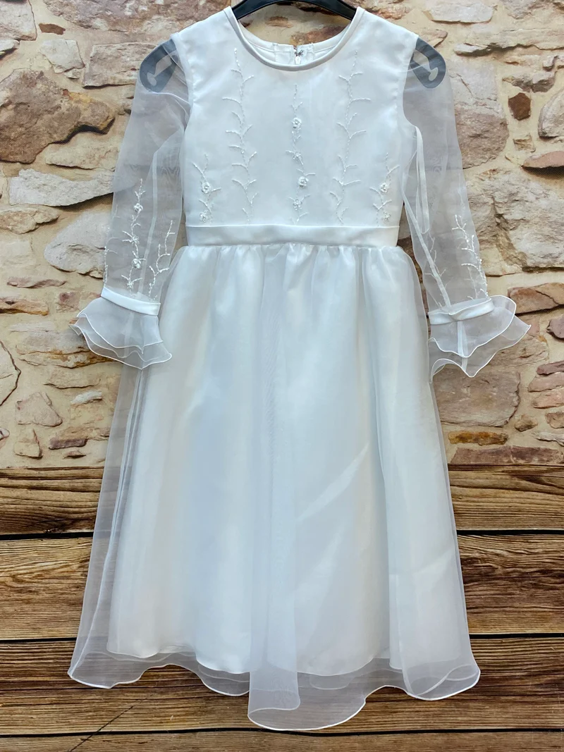 Kommunionkleid weiß mit Perlenstickerei & Tüllrock Gr. 128