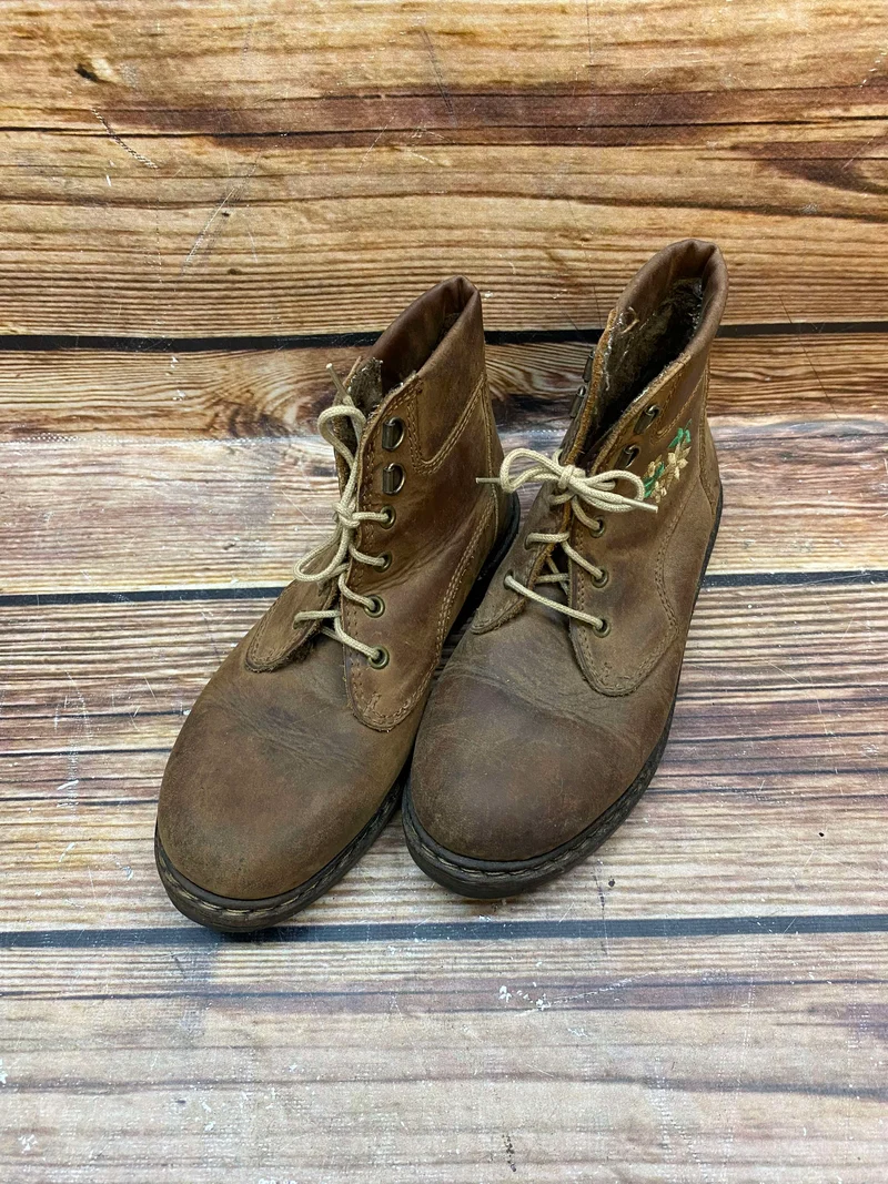 Vintage Kinder Trachtenstiefel Leder Braun Gr. 35 – Rustikale Schnürstiefel mit Stickerei