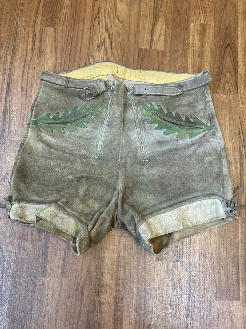 Kurze Lederhose 60er Doppelzipp Eichenlaub grau Bayern Rothenburg Unikat