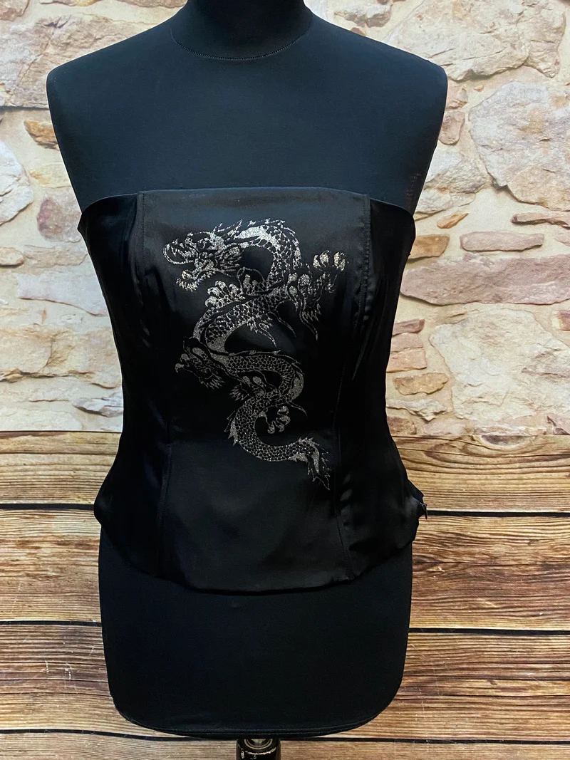 Vintage Corsage schwarz mit Drachenmotiv Bustier asiatischer Stil S