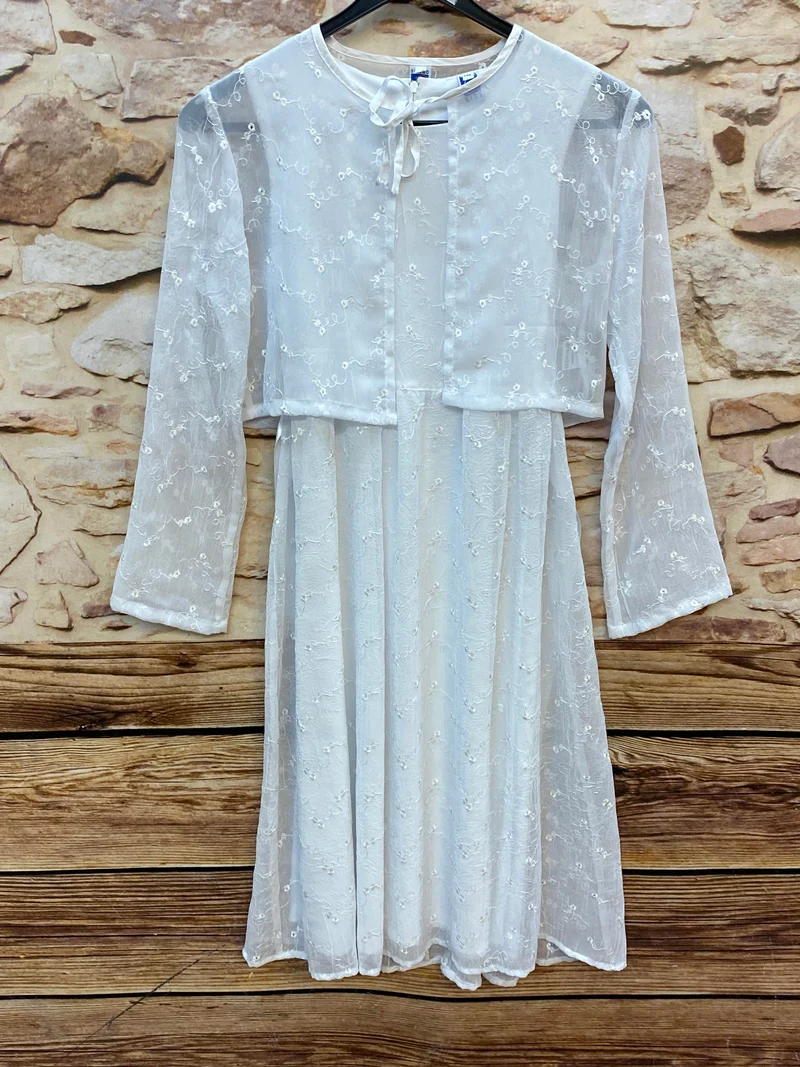Kommunionkleid Gr. 146 2-teilig weiß Spitze langarm Festkleid Blumenmädchen