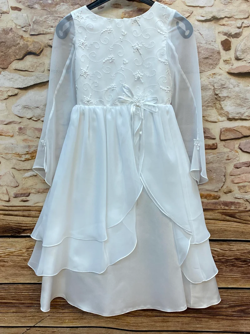Blumenmädchen Kleid Weiß – Gr. 128 | Chiffon & Stickerei