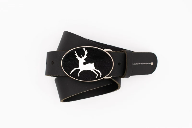 Black Trachten Belt with Deer Buckle and Fur Inlay