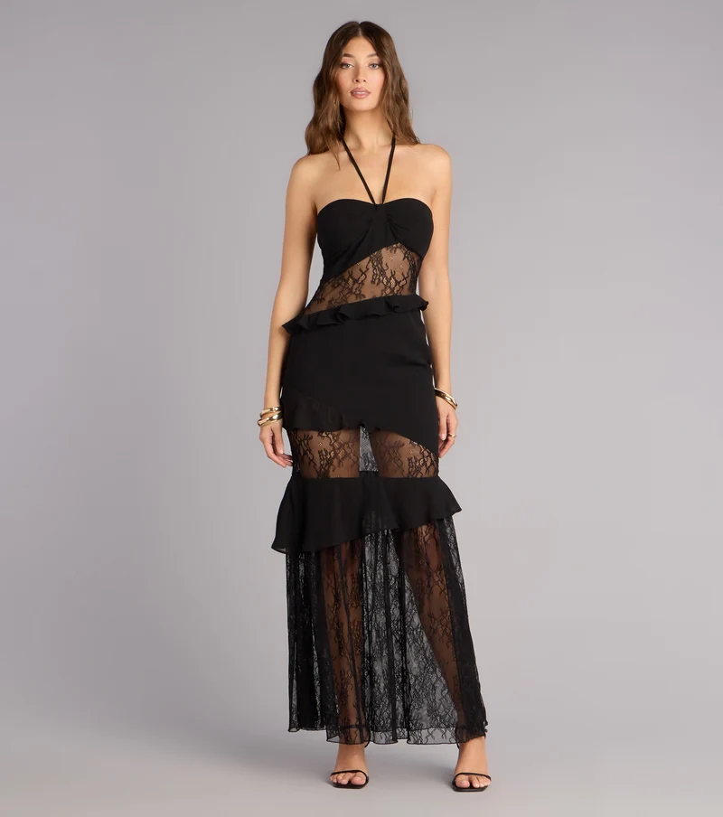 Save the Date Lace Halter Ruffle Maxi Dress
