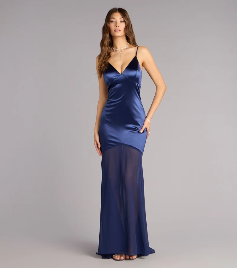 Kayla Satin Open Back Chiffon Formal Dress
