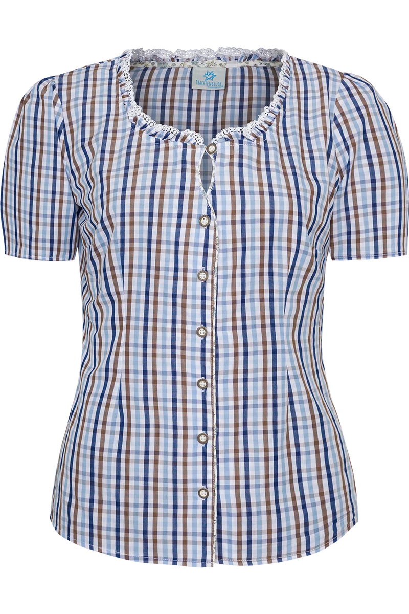 Damen Trachtenbluse kariert Kurzarm - blau