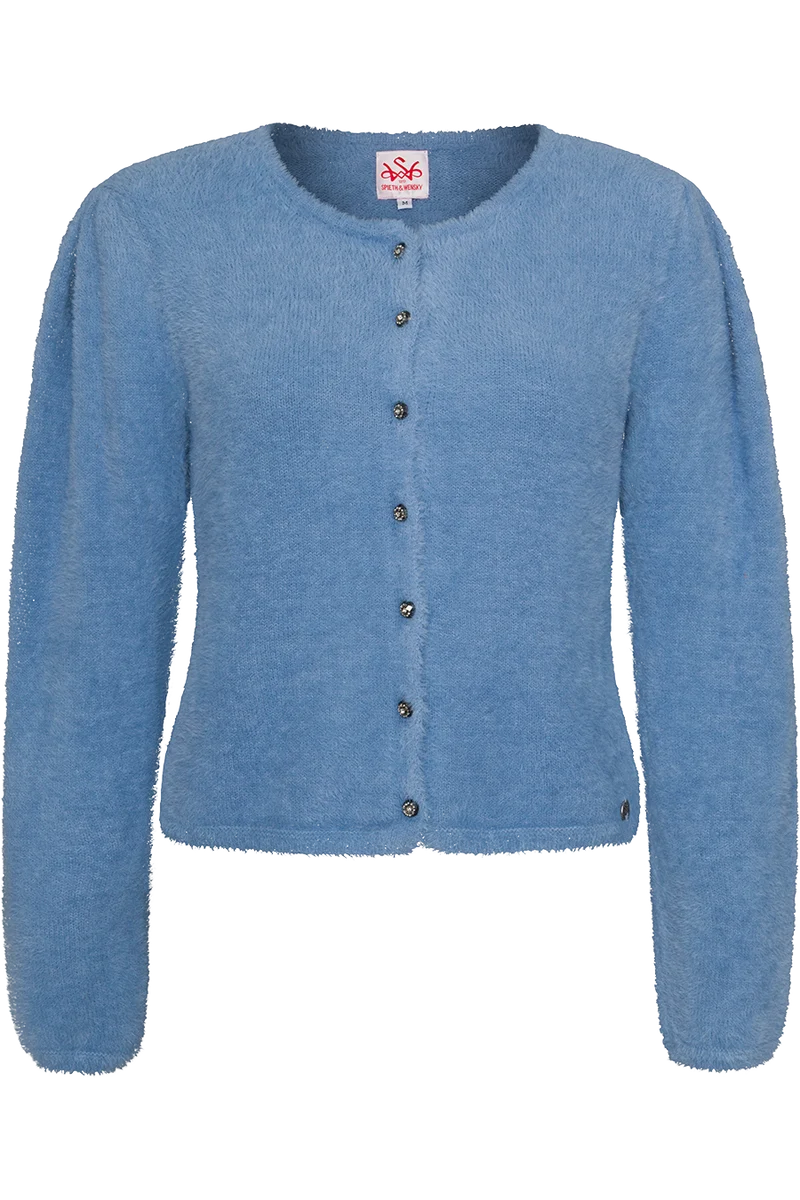 Damen Strickjacke flauschig mit Puffärmel - mittelblau