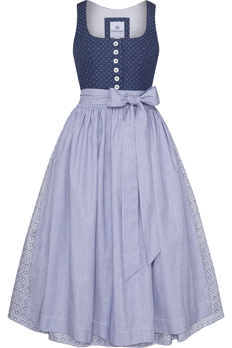 Langes Baumwolldirndl mit Perlmuttknöpfen - blau gemustert