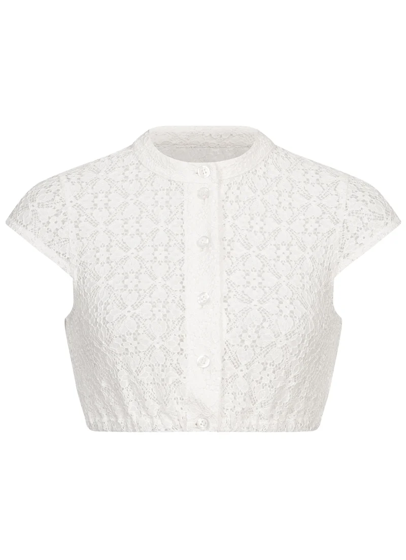 DIRNDLBLUSE VINTAGE FLORALS SPITZE FLÜGELARM STEHKRAGEN OFF WHITE