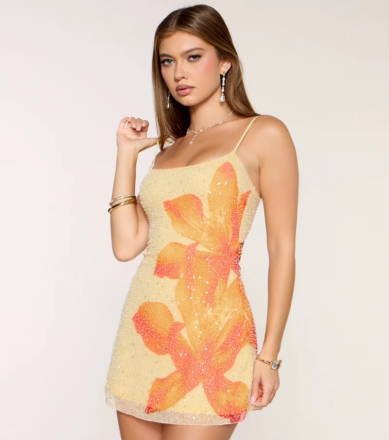 Keyla Beaded Sequin Floral Mesh Mini Dress