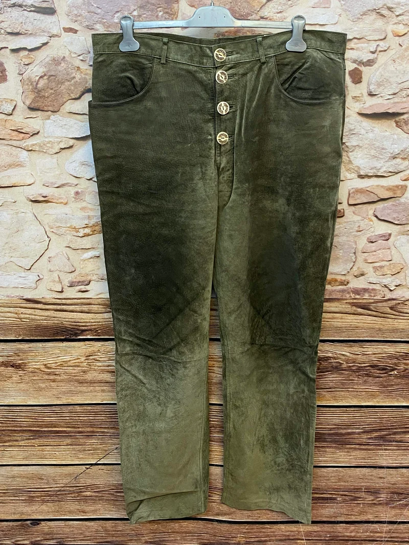 Vintage Trachten Lederhose Herren grün Gr. 58 lange Lederhose Echtleder