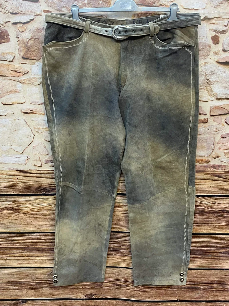 Vintage Trachten Lederhose Herren grau-grün Gr. ca. 54 lange Lederhose Echtleder mit Gürtel