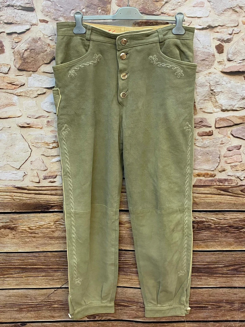 Vintage Trachten Lederhose Herren hellgrün Gr. 102 lange Lederhose Echtleder