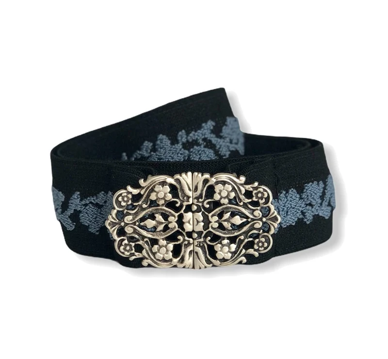 TRACHTENGÜRTEL STRETCH VINTAGE STICKEREI SCHWARZ/ BLEU