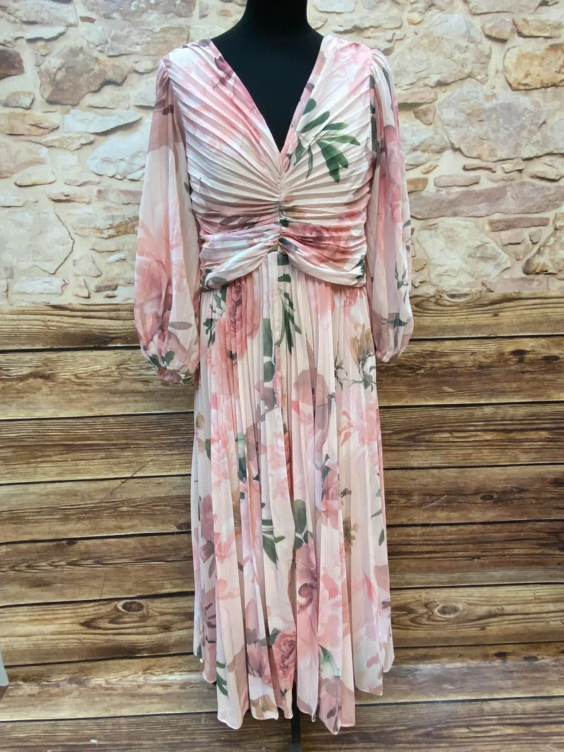 Vintage Abendkleid Damen Gr. 40 Floral Plissee Chiffon Kleid lang