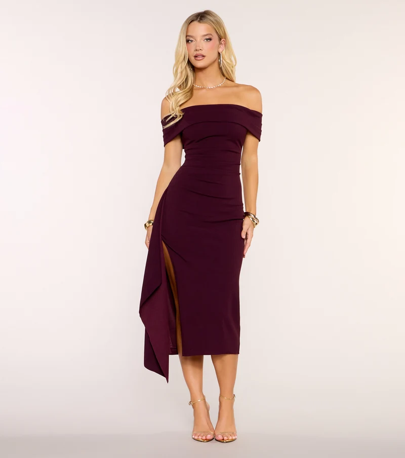 Chic Invite Off-The-Shoulder High Slit Midi Dress