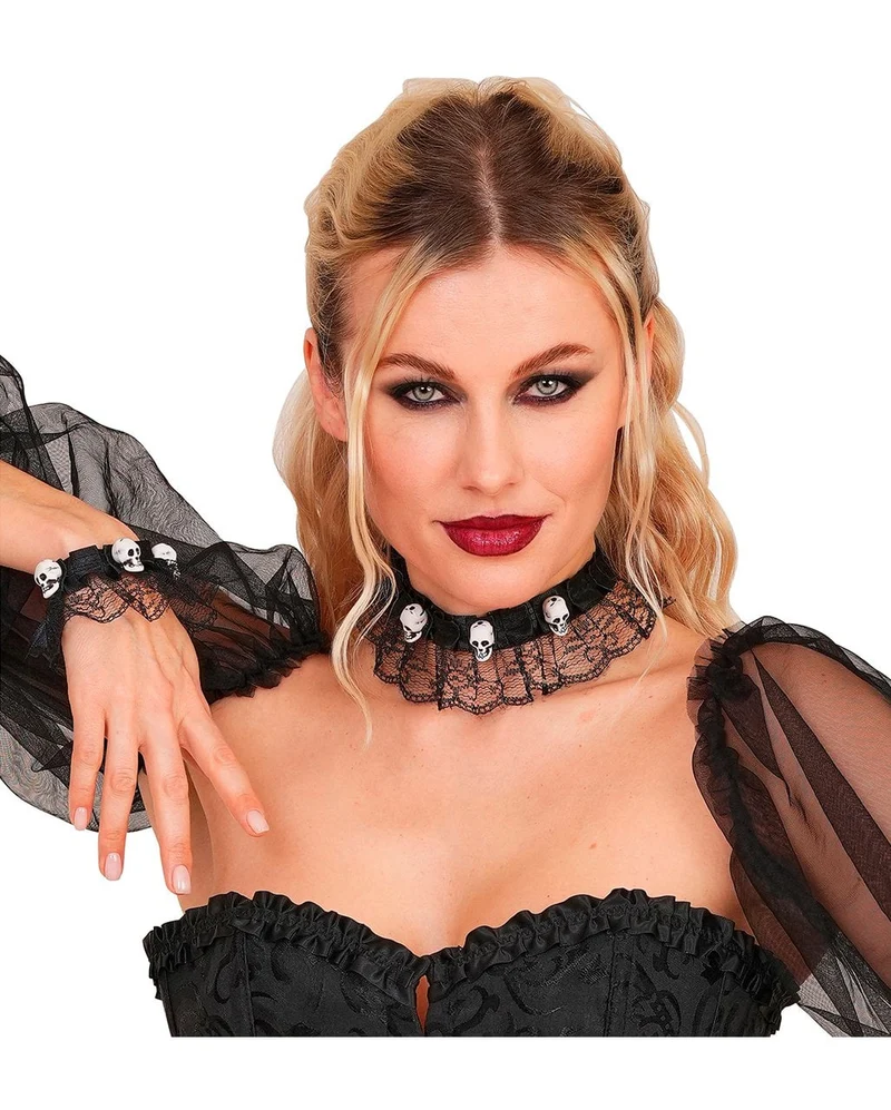 Halsband & Armband mit Totenköpfen und Spitze
