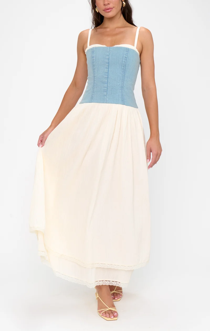 Tiffany Maxi Dress ~ Light Indigo with Cream Voile
