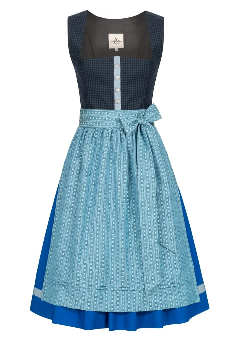 LODEN DIRNDL KARO FLOWER STRIPES DUNKELBLAU/ ENZIAN