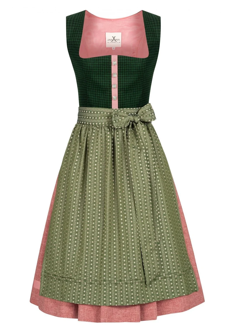 LODEN DIRNDL KARO FLOWER STRIPES FLASCHENGRÜN/ALTROSA