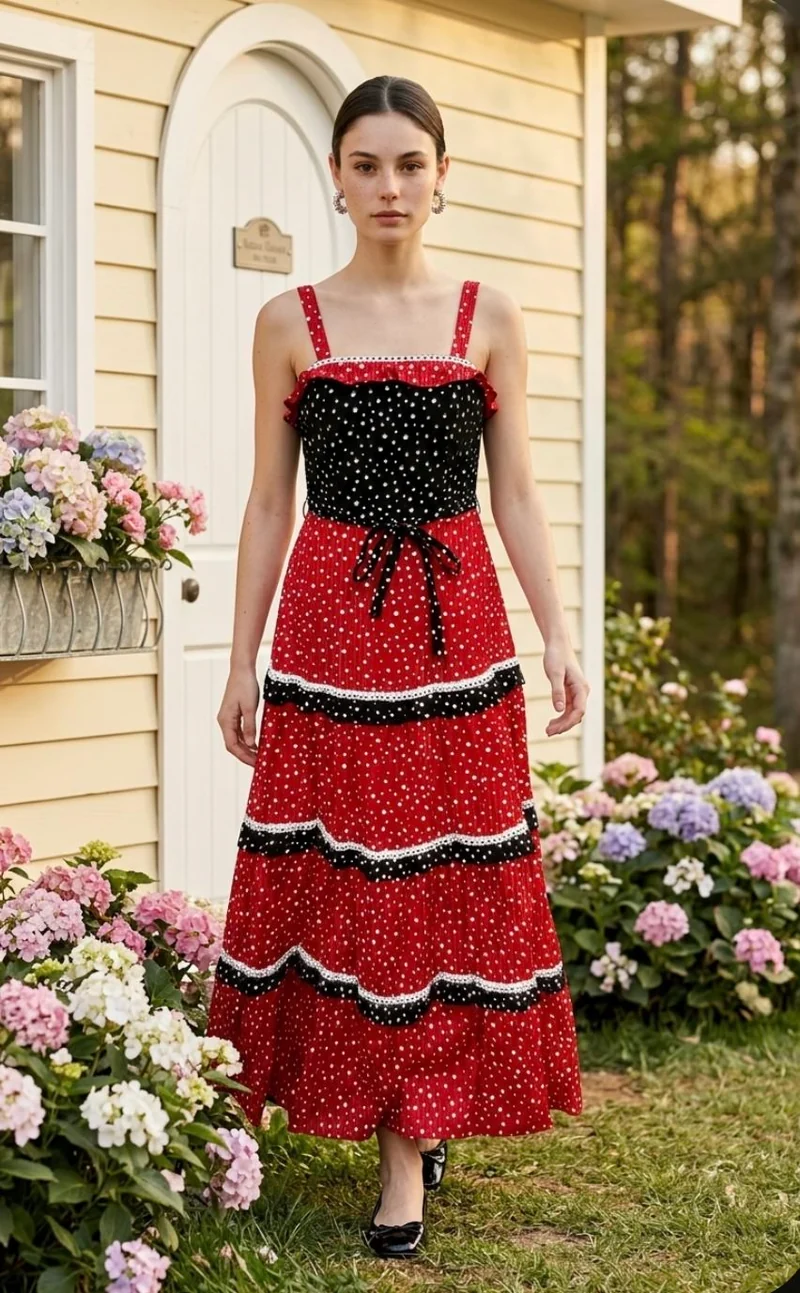 70er Jahre Vintage Maxikleid Rot Schwarz Polka Dots – Sommerkleid Gr. 34