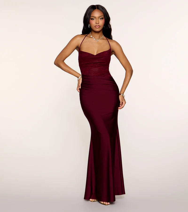 Reyna Lace Knit Cowl Neck Mermaid Dress