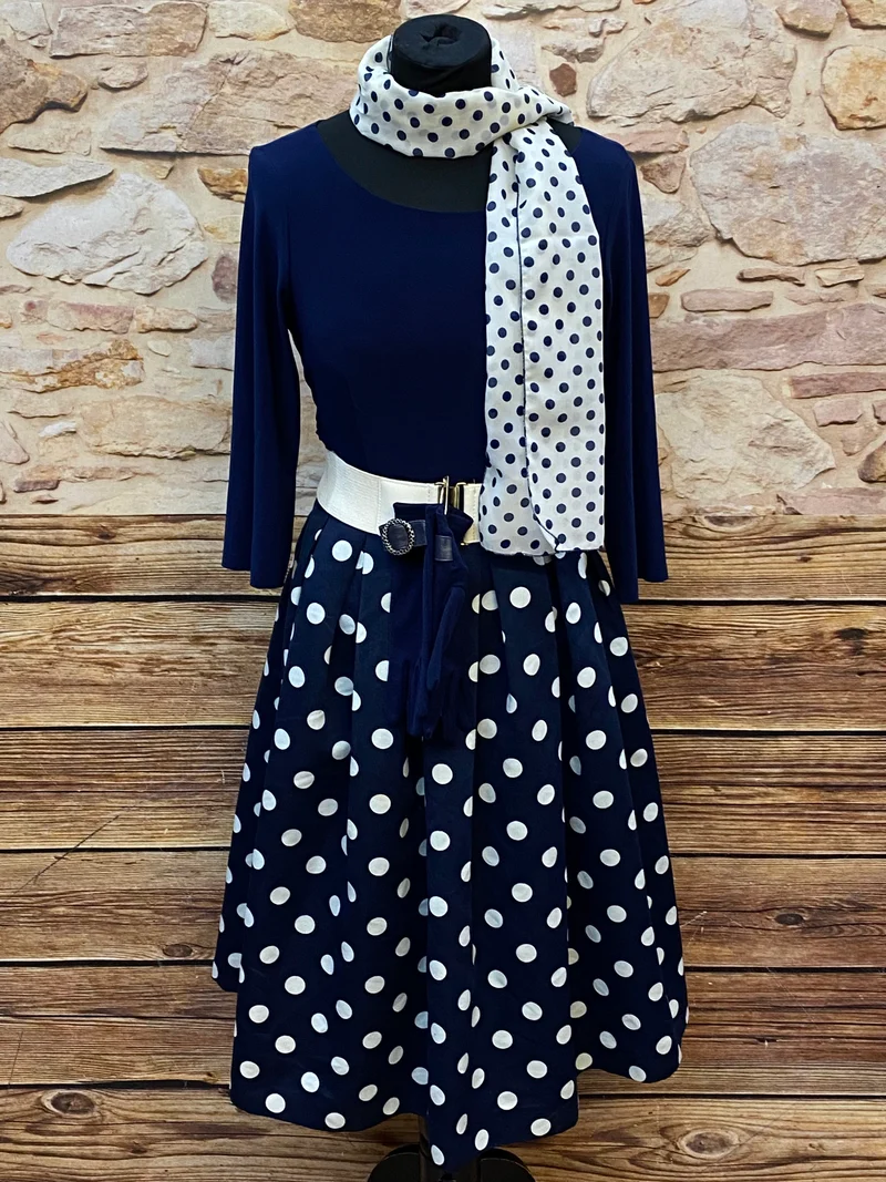 50er Jahre Rockabilly Outfit mit Polka Dots Kleid, Gürtel & Accessoires – Vintage Komplettlook Gr. 38
