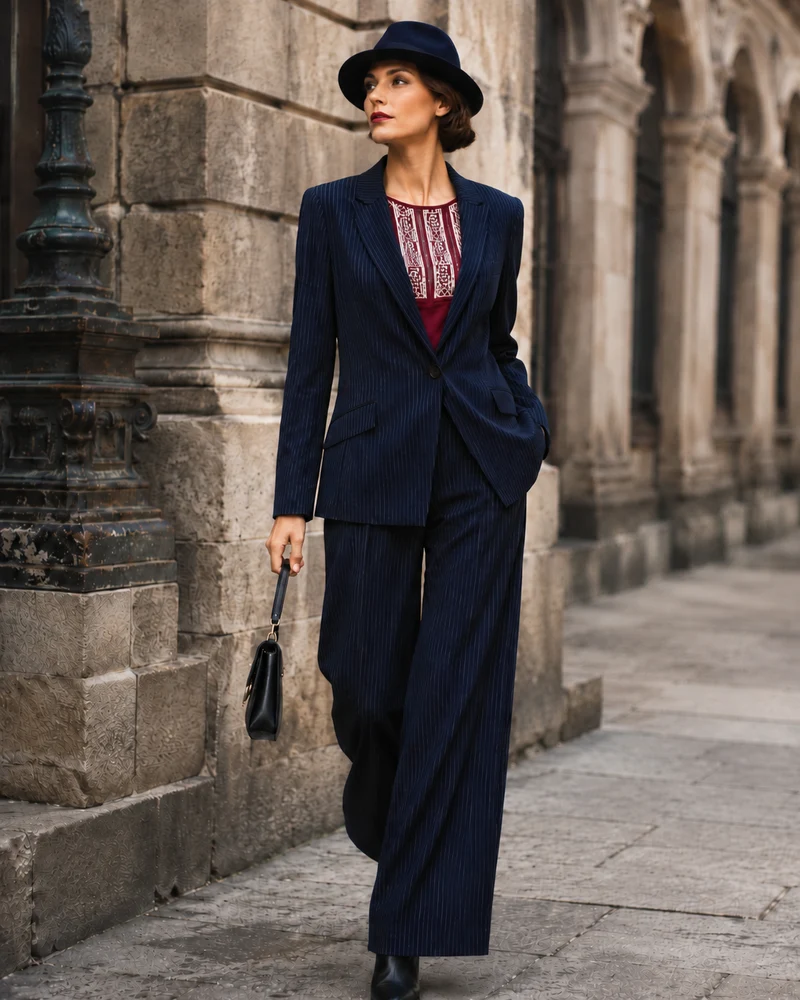Vintage Nadelstreifen Kostüm Damen Gr. 40 – Blazer, Oberteil, Hose & Hut