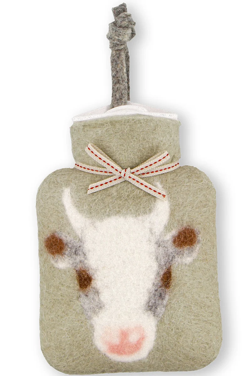 Wollfilz-Mini-Wärmflasche mit Kuhmotiv - jade