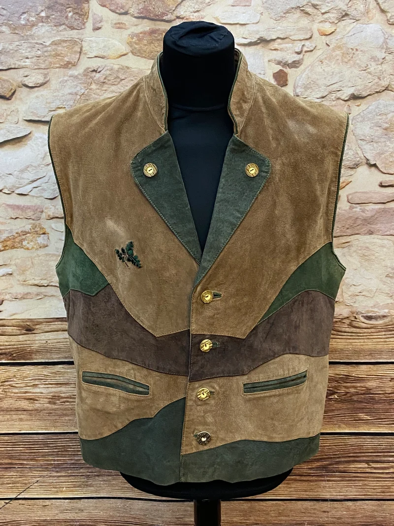 Vintage Trachtenweste Herren echtes Leder braun grün Gr. 52 – Veloursleder Unikat