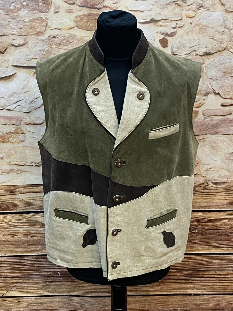 Vintage Trachtenweste Herren Leder grün beige Gr. 52 – echtes Leder Unikat