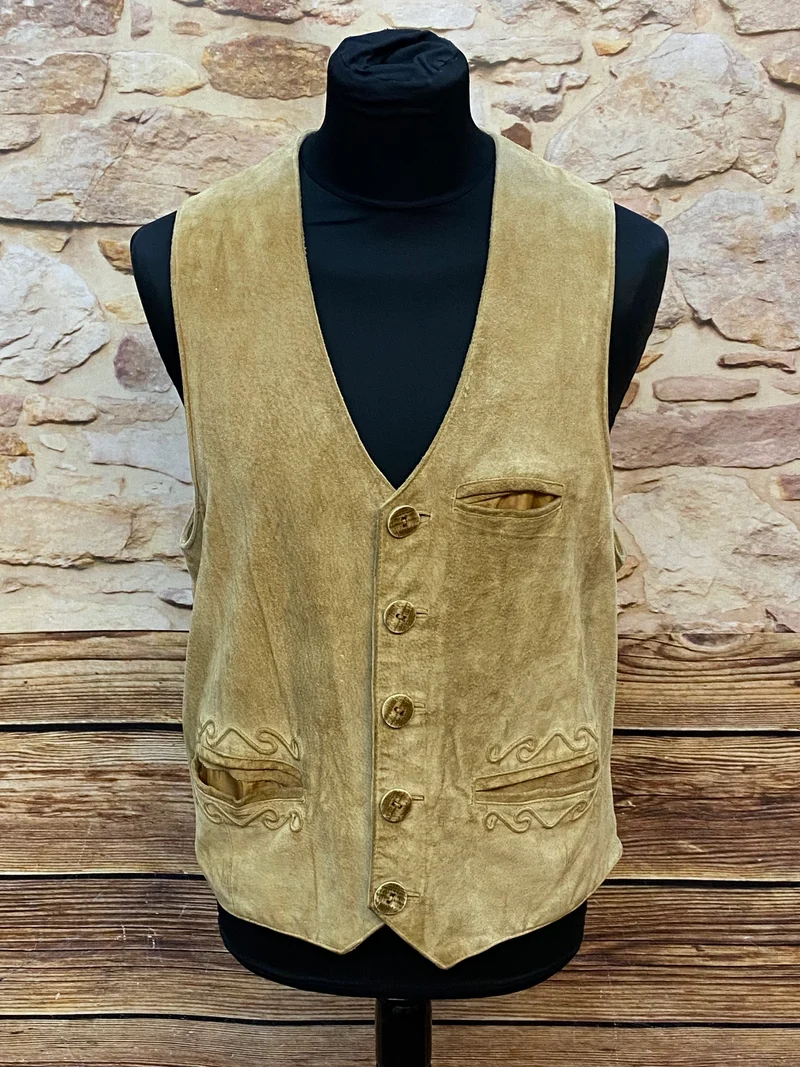 Vintage Trachtenweste Leder Hellbraun – Gr. 52