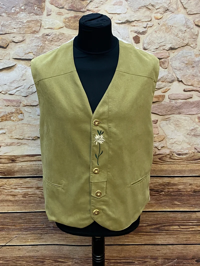 Vintage Trachtenweste Oliv mit Edelweiß Stickerei – Gr. 52