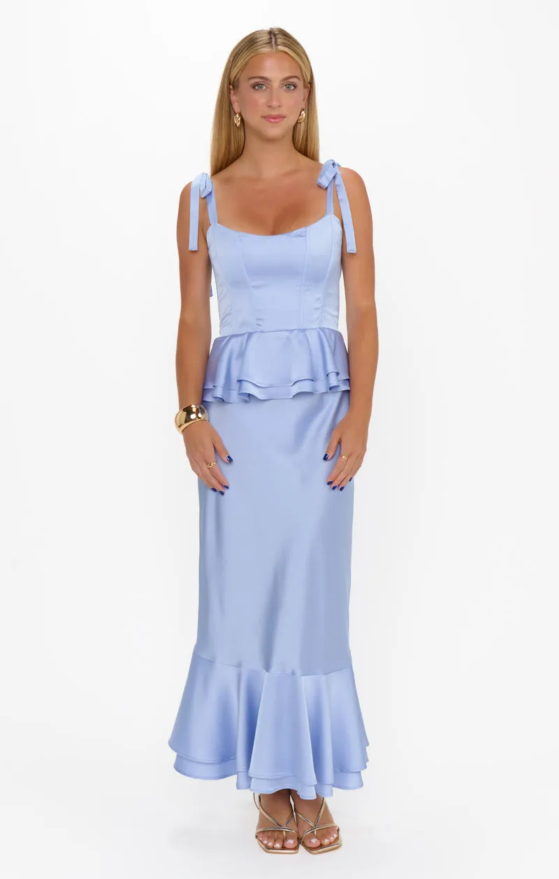 Pauline Peplum Dress ~ Borrowed Blue Luxe Satin