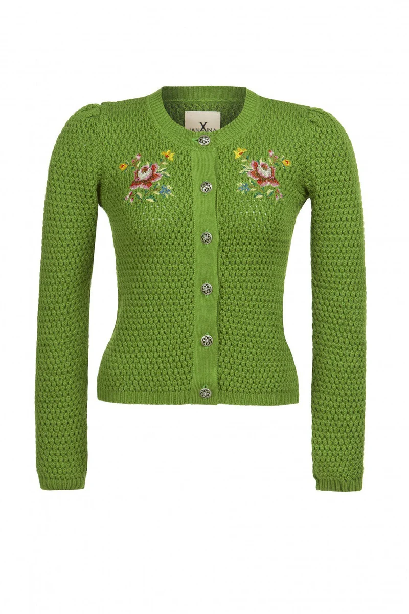 STRICKJANKER MIT FOLKLORESTICKEREI GRASGRÜN