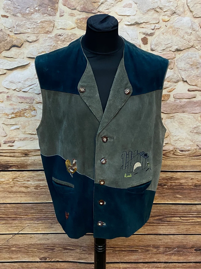 Vintage Trachtenweste Herren Grün Blau Gr. 52 mit Stickerei