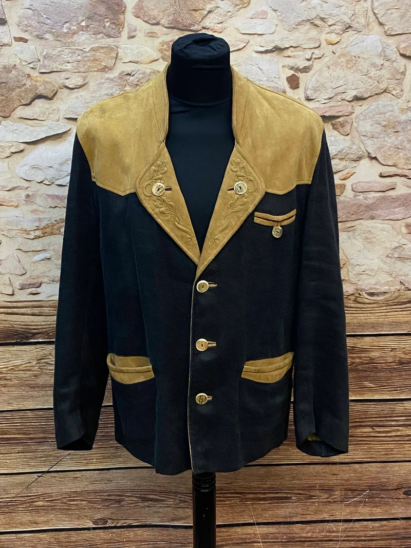 Vintage Trachten Lederjacke Herren Schwarz Braun mit Stickerei – Größe 50
