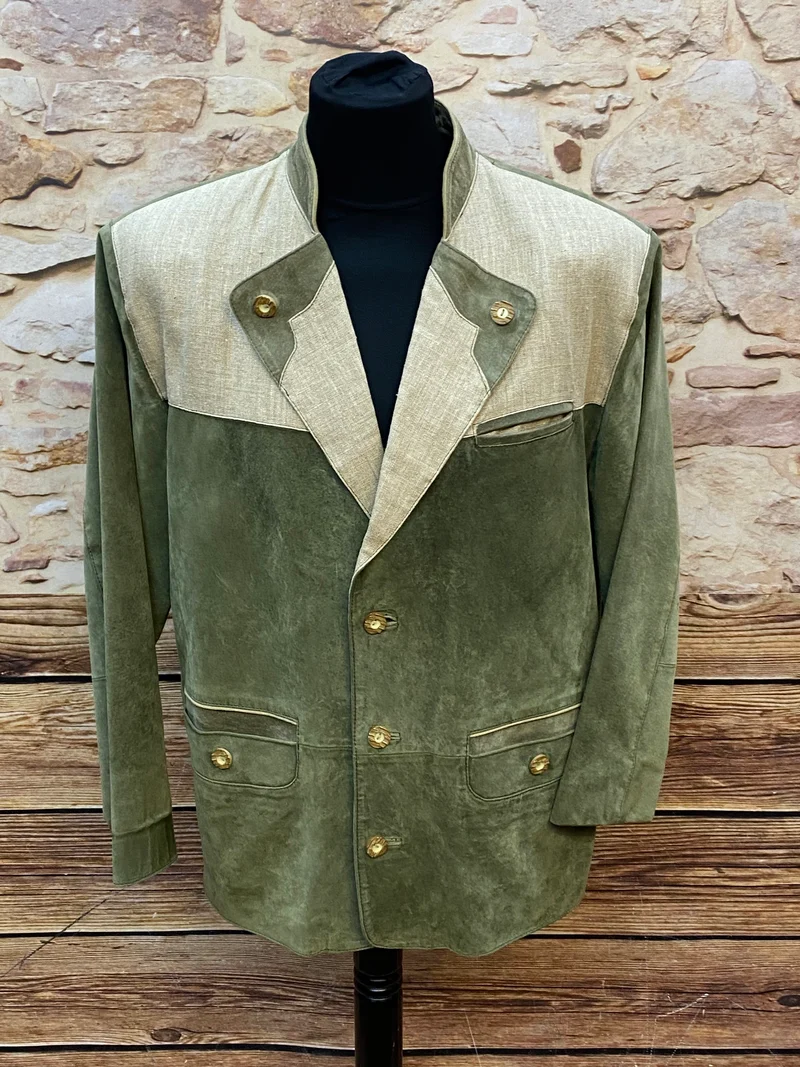 Vintage Trachten Lederjacke Herren Oliv Beige Zweifarbig – Größe 24