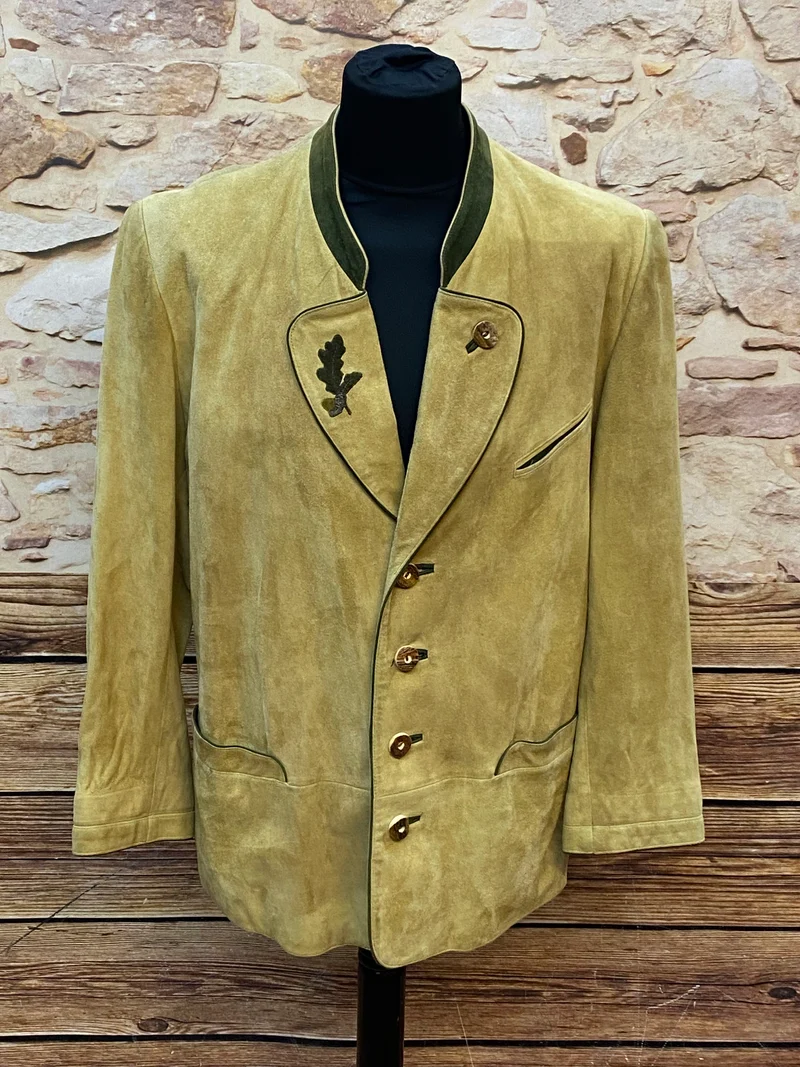 Vintage Trachten Lederjacke Herren Beige Oliv mit Stickerei – Größe 26